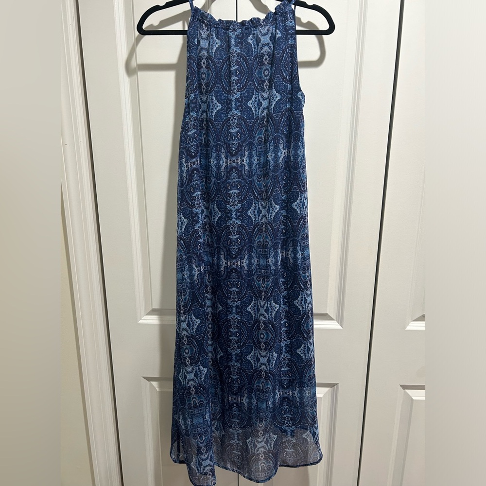 Royal blue printed tie neck Lucky Brand maxi dress